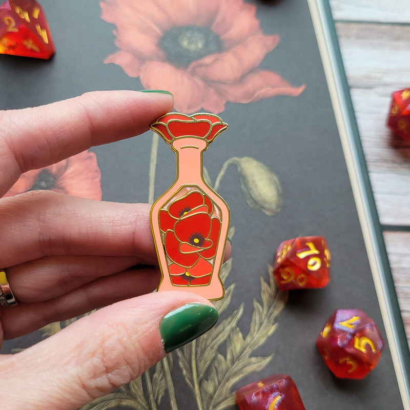 Seconds Sale! Red Poppy Potion Enamel Pin - Geeky merchandise for people who play D&D - Merch to wear and cute accessories and stationery Paola&