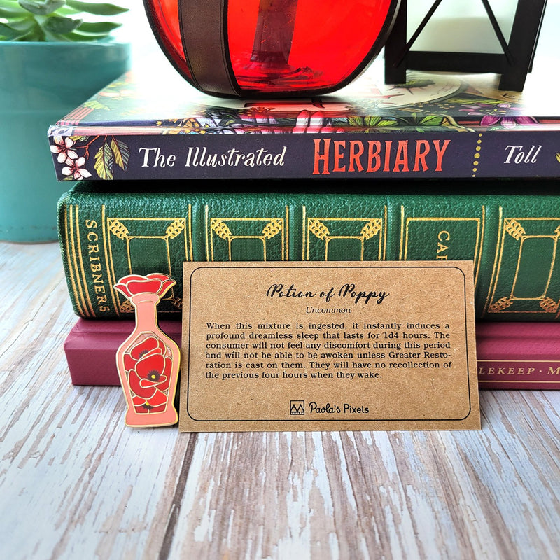 Seconds Sale! Red Poppy Potion Enamel Pin - Geeky merchandise for people who play D&D - Merch to wear and cute accessories and stationery Paola&
