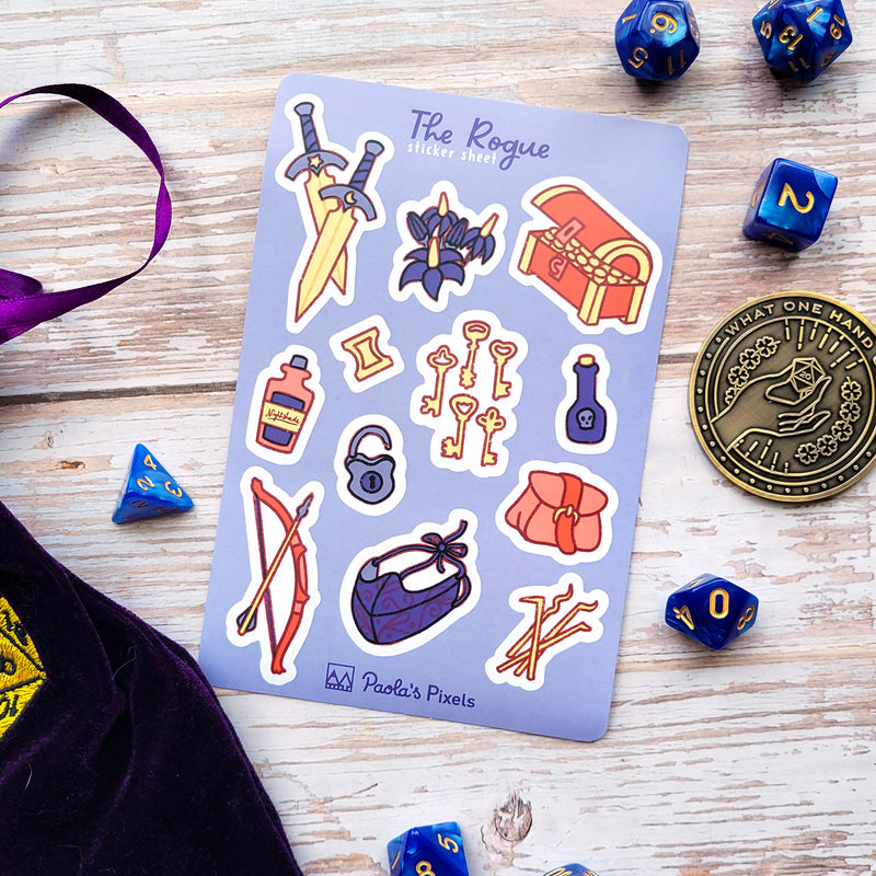Rogue Sticker Sheet - Geeky merchandise for people who play D&D - Merch to wear and cute accessories and stationery Paola&