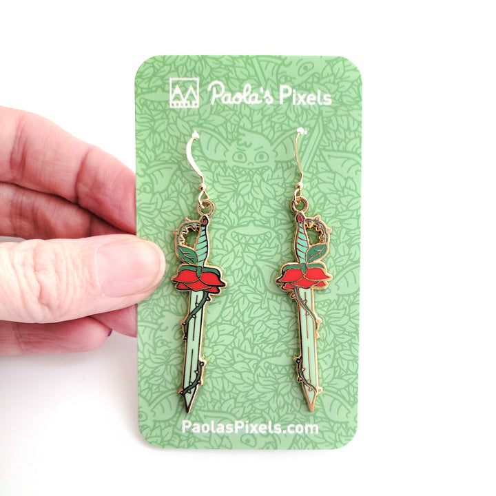 Rose Sword Earrings - Geeky merchandise for people who play D&D - Merch to wear and cute accessories and stationery Paola's Pixels