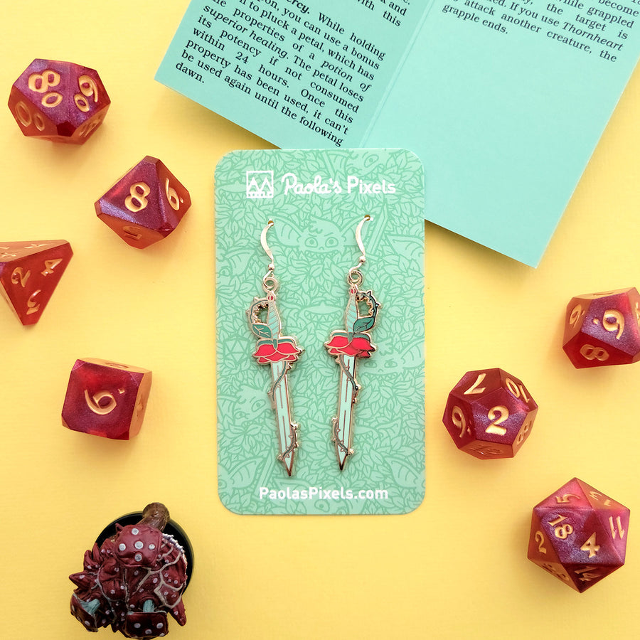 Rose Sword Earrings - Geeky merchandise for people who play D&D - Merch to wear and cute accessories and stationery Paola's Pixels