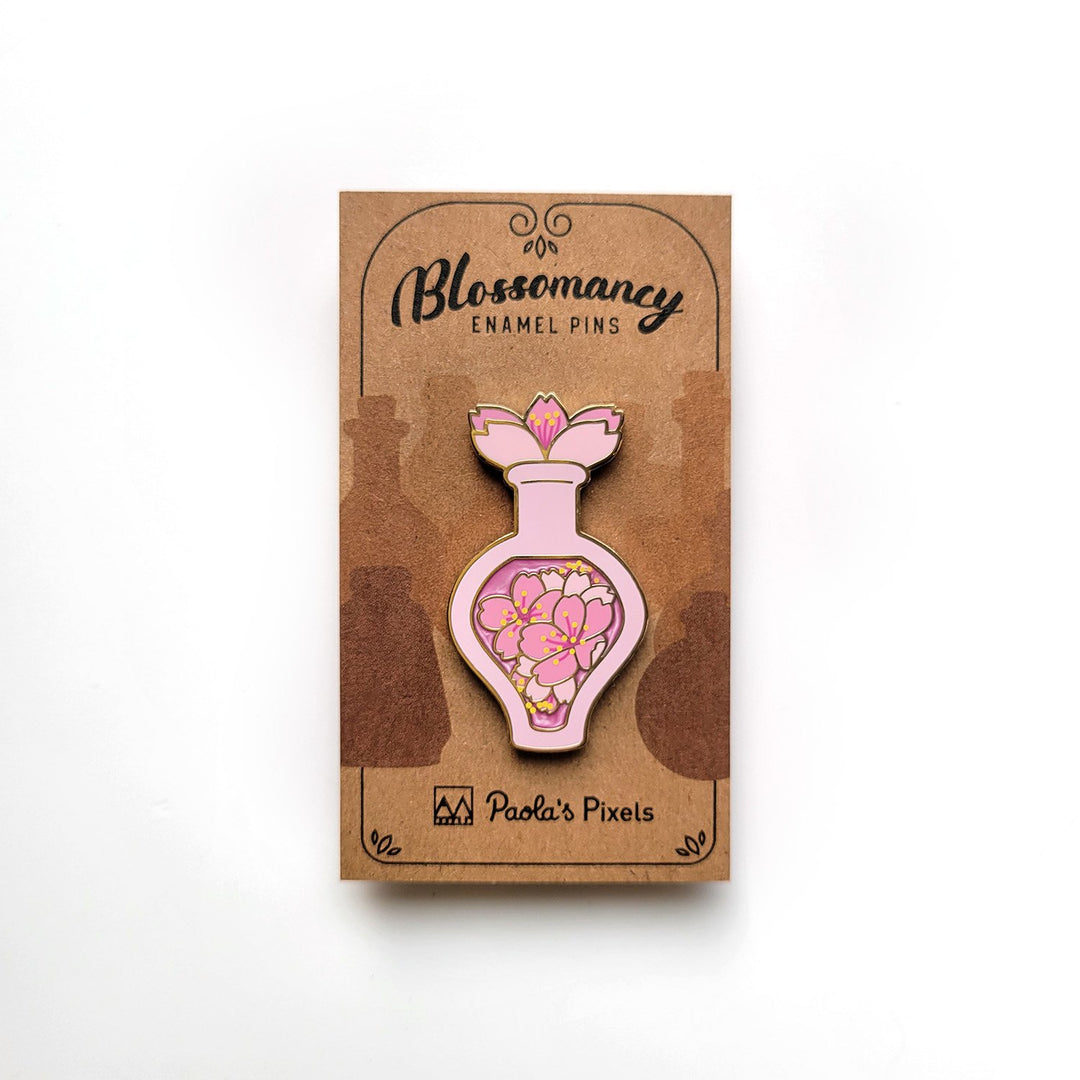 Seconds Sale! Pink Cherry Blossom Potion Enamel Pin - Geeky merchandise for people who play D&D - Merch to wear and cute accessories and stationery Paola's Pixels