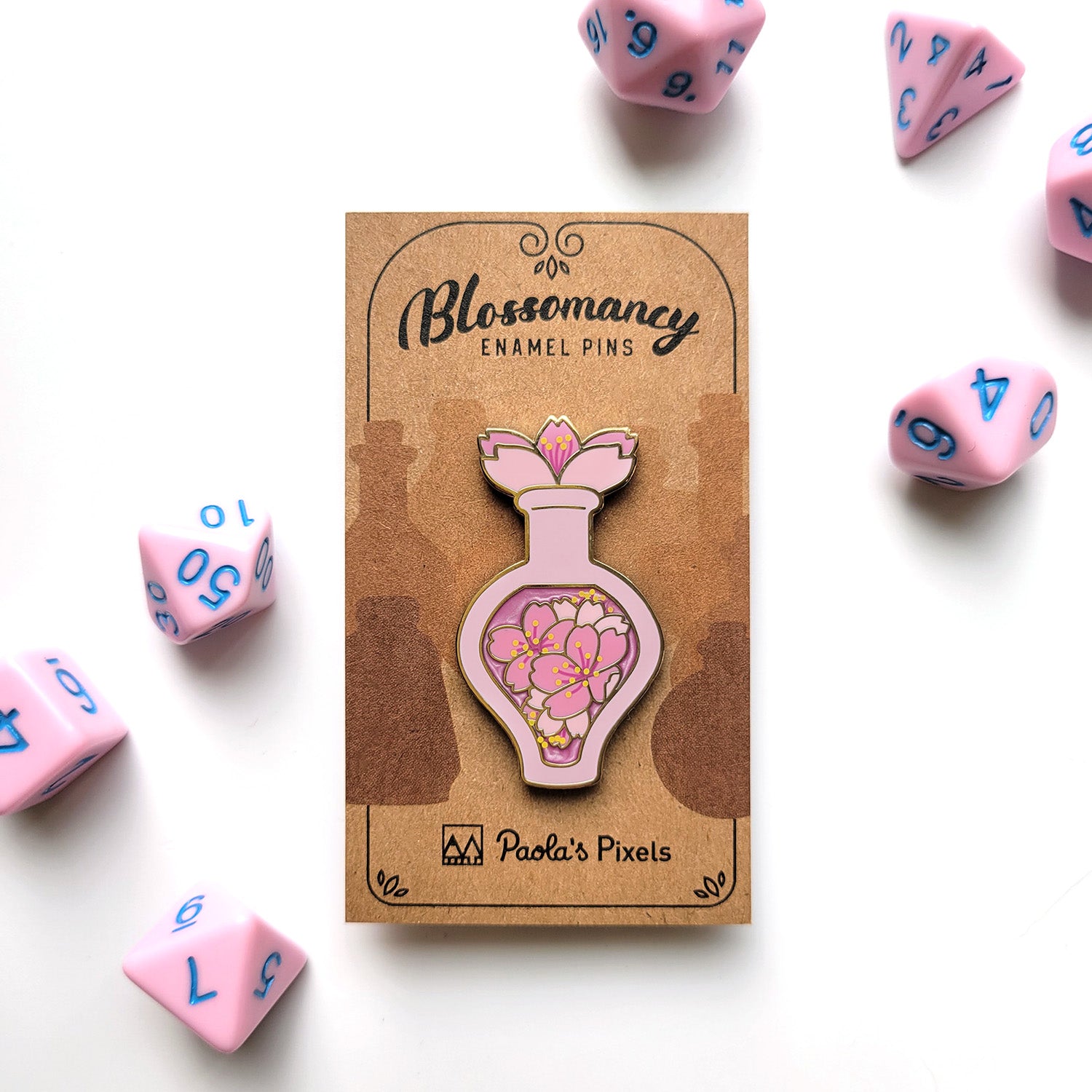 Pink Cherry Blossom Potion Enamel Pin - Geeky merchandise for people who play D&D - Merch to wear and cute accessories and stationery Paola's Pixels