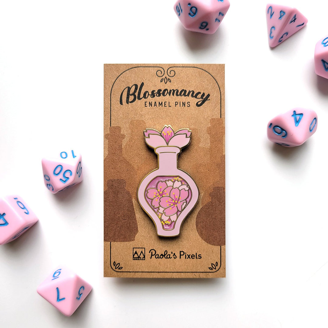 Seconds Sale! Pink Cherry Blossom Potion Enamel Pin - Geeky merchandise for people who play D&D - Merch to wear and cute accessories and stationery Paola's Pixels