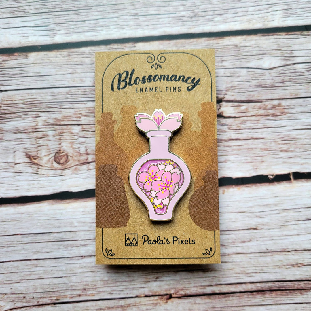 Seconds Sale! Pink Cherry Blossom Potion Enamel Pin - Geeky merchandise for people who play D&D - Merch to wear and cute accessories and stationery Paola's Pixels