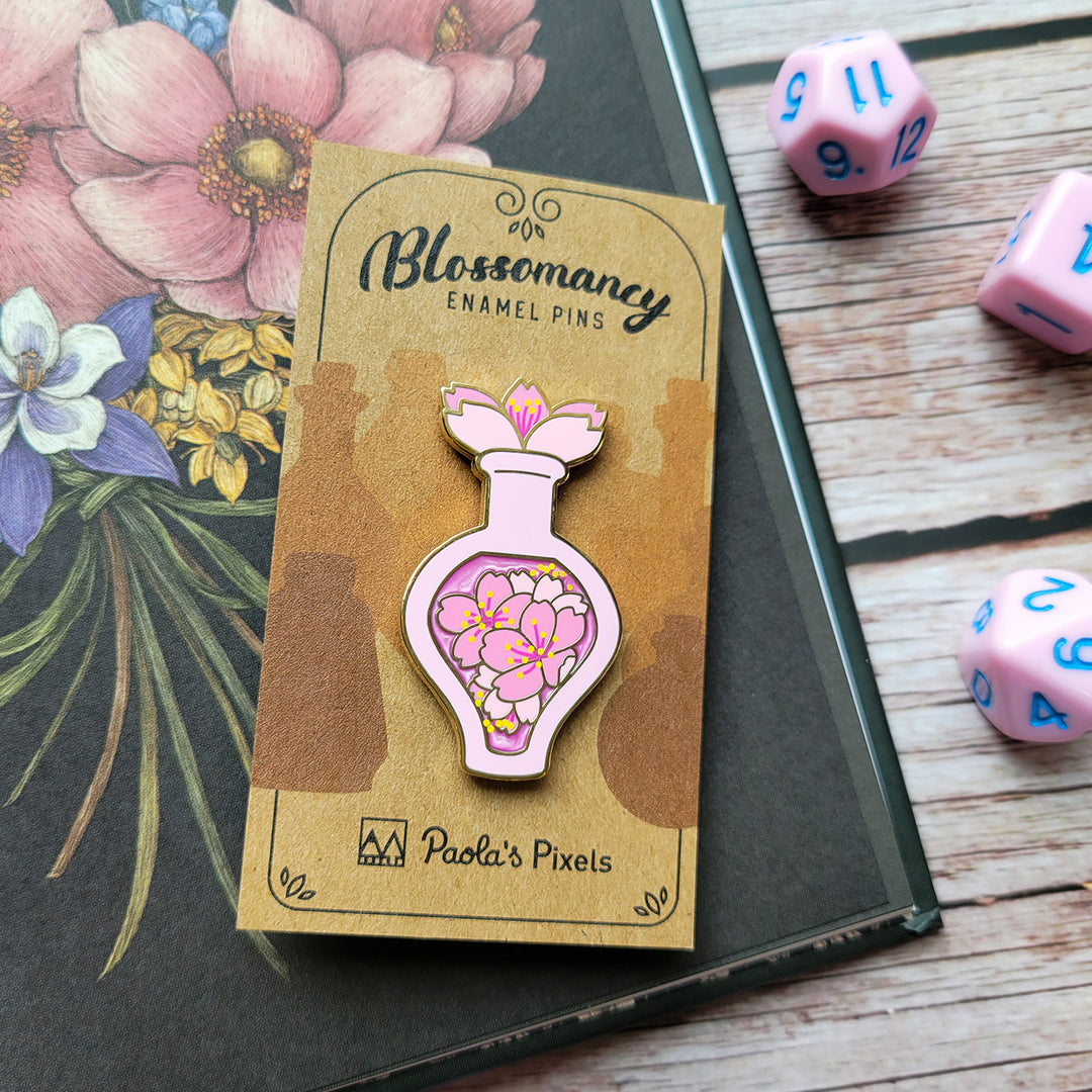 Pink Cherry Blossom Potion Enamel Pin - Geeky merchandise for people who play D&D - Merch to wear and cute accessories and stationery Paola's Pixels