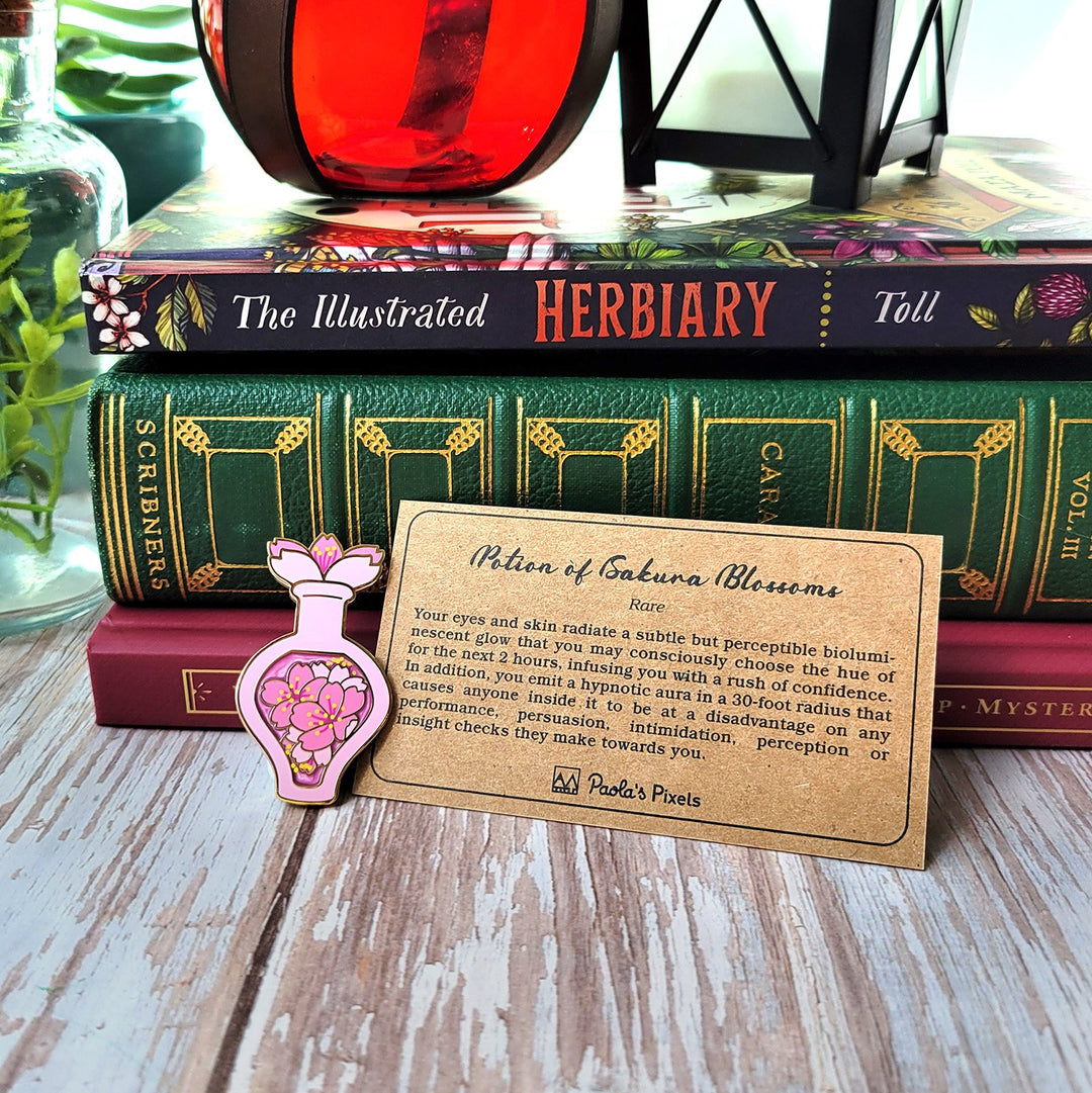 Seconds Sale! Pink Cherry Blossom Potion Enamel Pin - Geeky merchandise for people who play D&D - Merch to wear and cute accessories and stationery Paola's Pixels
