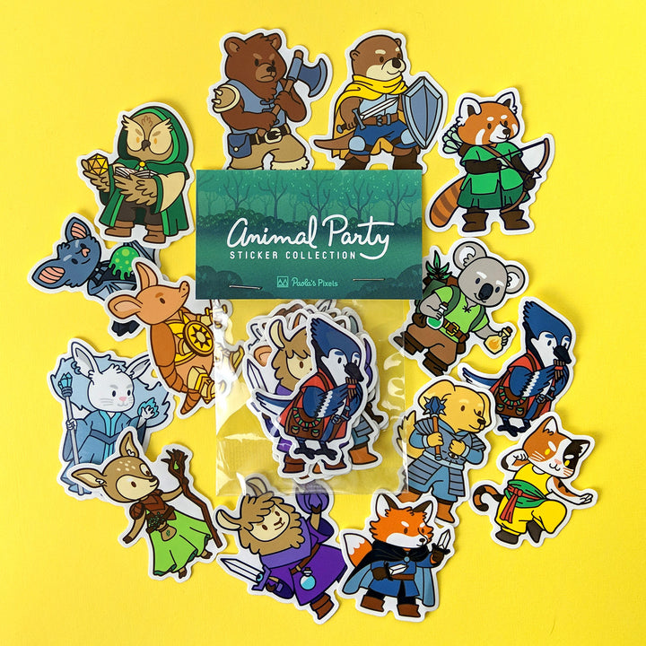 Animal Party Sticker Pack - Geeky merchandise for people who play D&D - Merch to wear and cute accessories and stationery Paola's Pixels