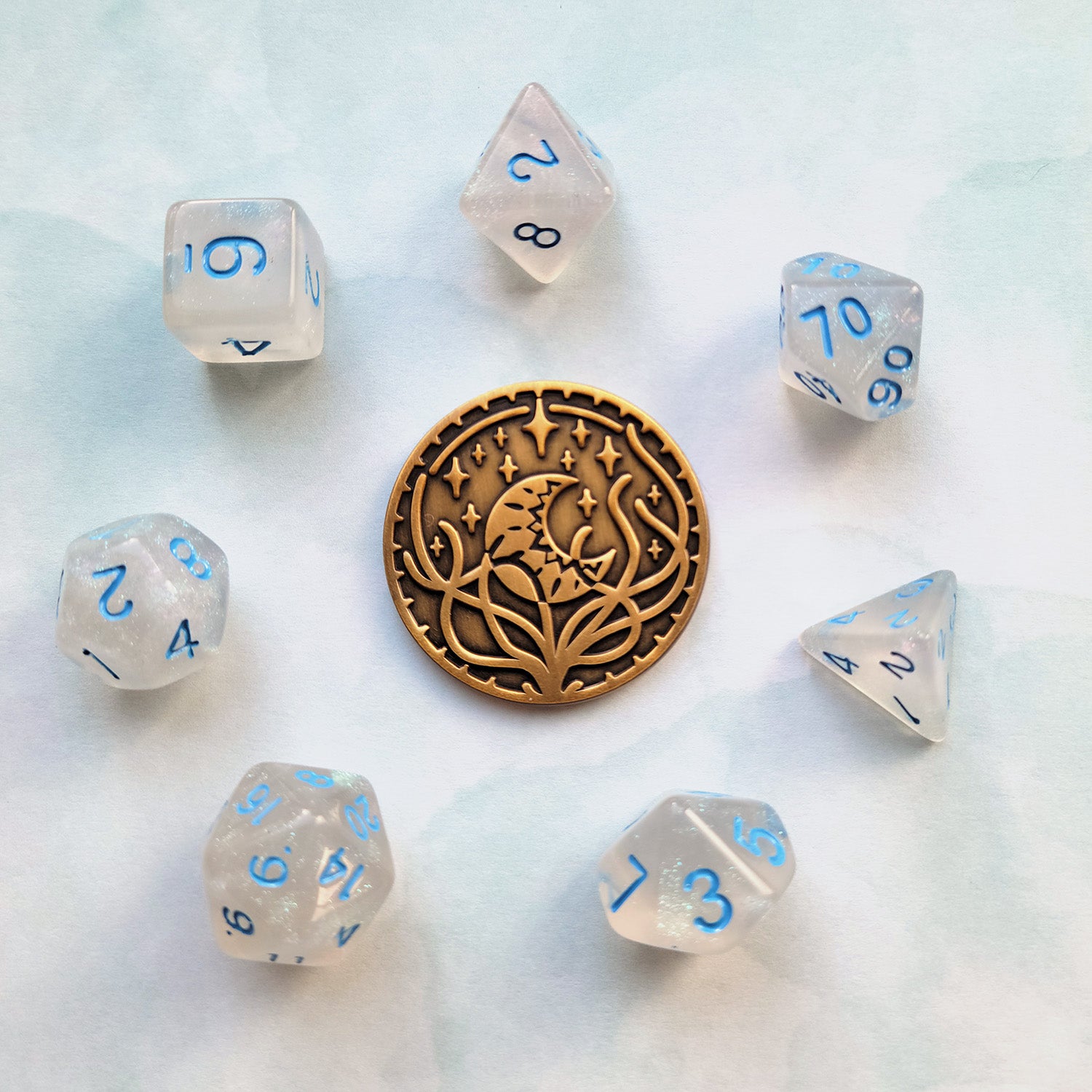 Sun and Moon d2 Coin - Geeky merchandise for people who play D&D - Merch to wear and cute accessories and stationery Paola's Pixels