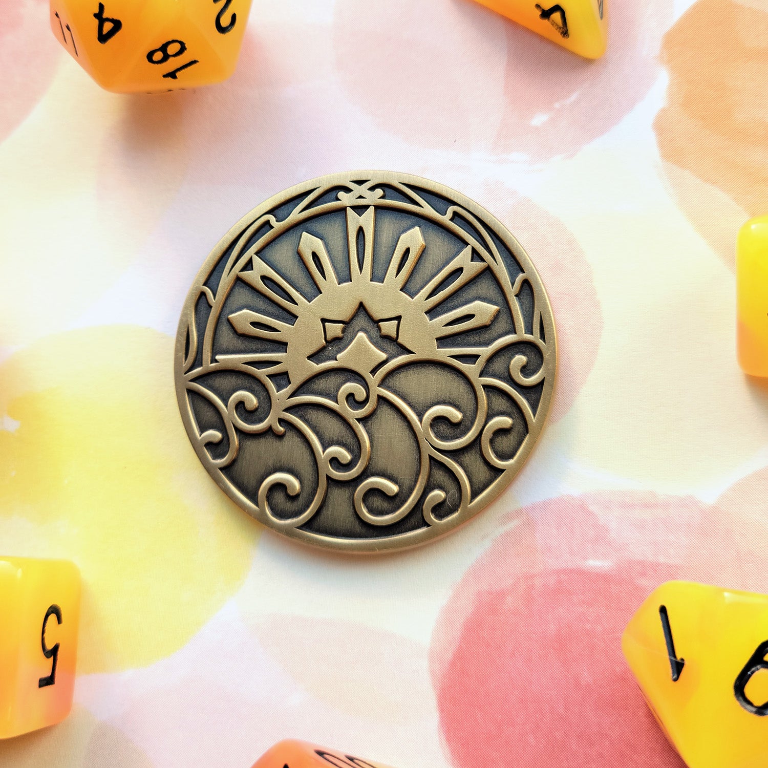 Sun and Moon d2 Coin - Geeky merchandise for people who play D&D - Merch to wear and cute accessories and stationery Paola's Pixels