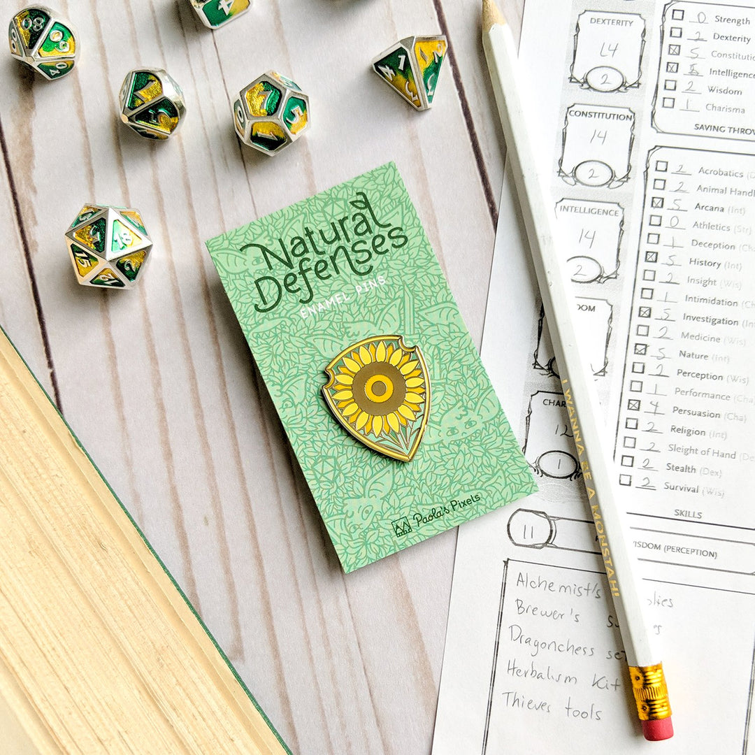 Seconds Sale! Shield of Helianthus Pin - Geeky merchandise for people who play D&D - Merch to wear and cute accessories and stationery Paola's Pixels