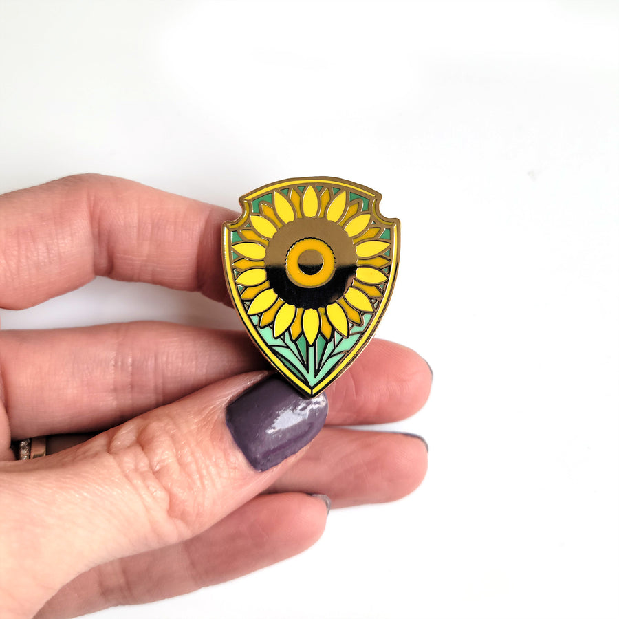 Seconds Sale! Shield of Helianthus Pin - Geeky merchandise for people who play D&D - Merch to wear and cute accessories and stationery Paola's Pixels