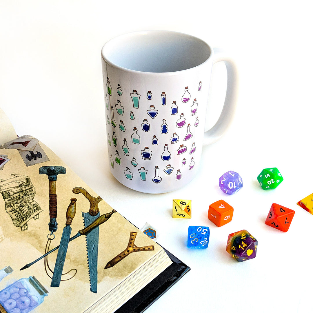 Bigger Rainbow Healing Potions Mug - Geeky merchandise for people who play D&D - Merch to wear and cute accessories and stationery Paola's Pixels