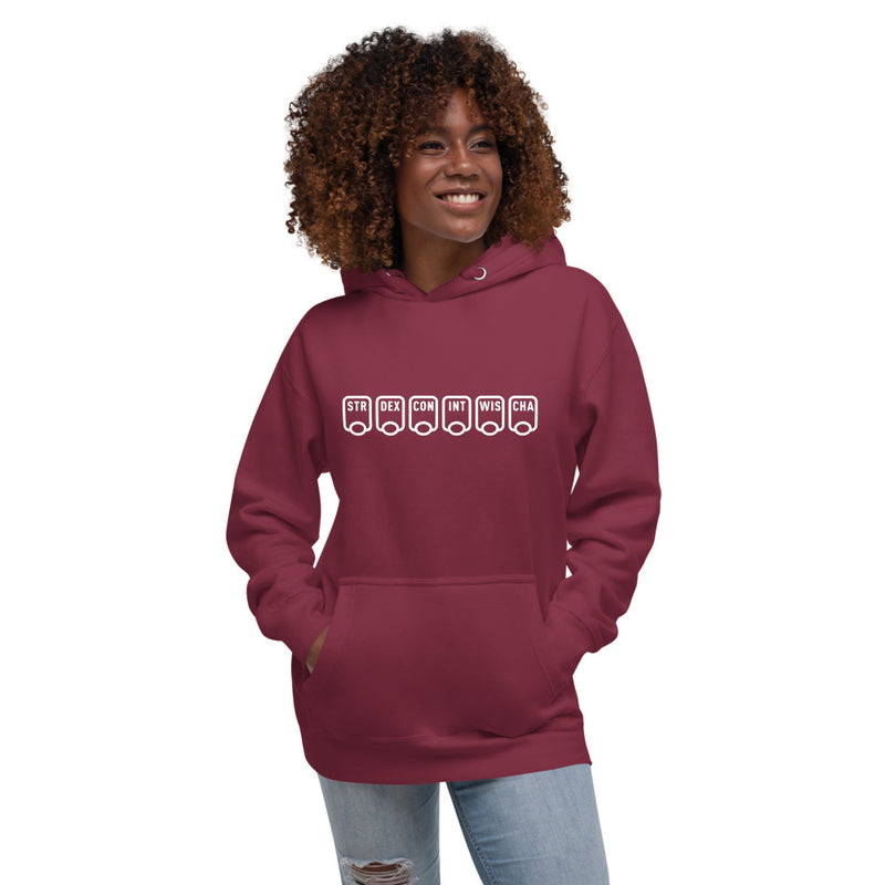 Ability Scores Unisex Hoodie - Geeky merchandise for people who play D&D - Merch to wear and cute accessories and stationery Paola&