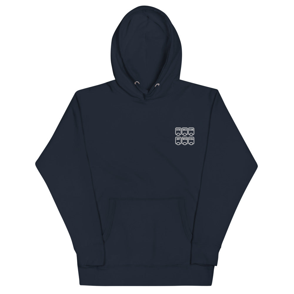 Ability Scores Embroidered Hoodie - Geeky merchandise for people who play D&D - Merch to wear and cute accessories and stationery Paola's Pixels