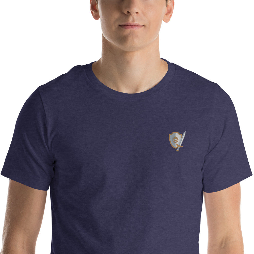 Sword and Shield Embroidered Unisex Shirt - Geeky merchandise for people who play D&D - Merch to wear and cute accessories and stationery Paola's Pixels