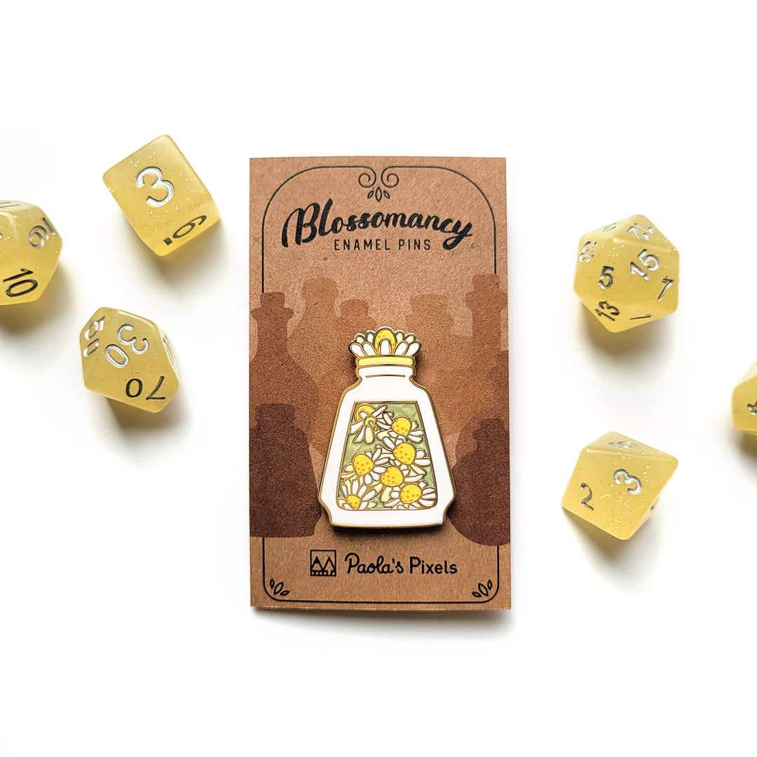 White Chamomile Potion Enamel Pin - Geeky merchandise for people who play D&D - Merch to wear and cute accessories and stationery Paola's Pixels
