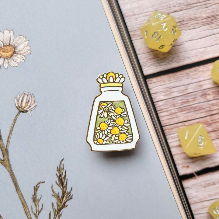 White Chamomile Potion Enamel Pin - Geeky merchandise for people who play D&D - Merch to wear and cute accessories and stationery Paola's Pixels