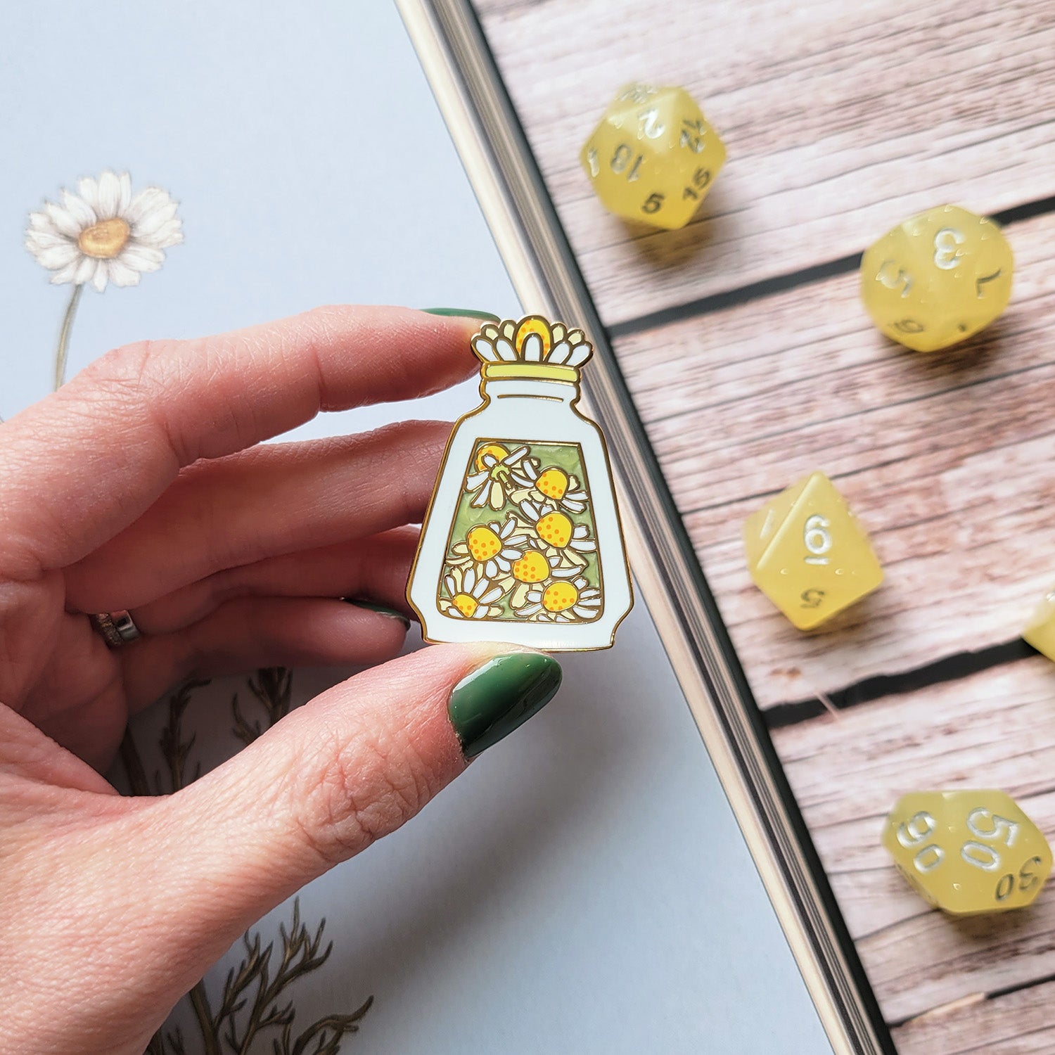 White Chamomile Potion Enamel Pin - Geeky merchandise for people who play D&D - Merch to wear and cute accessories and stationery Paola's Pixels