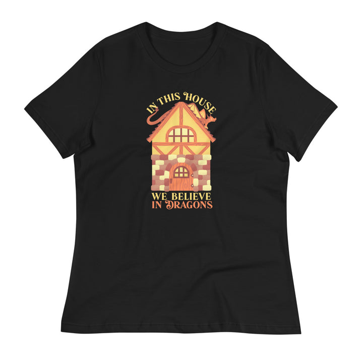 In This House We Believe In Dragons Women's Shirt - Geeky merchandise for people who play D&D - Merch to wear and cute accessories and stationery Paola's Pixels