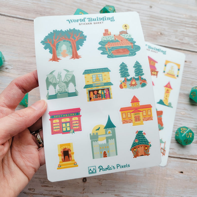 World Building Sticker Sheet - Geeky merchandise for people who play D&D - Merch to wear and cute accessories and stationery Paola&