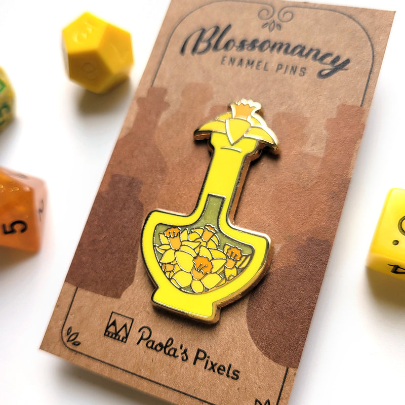 Yellow Daffodil Potion Enamel Pin - Geeky merchandise for people who play D&D - Merch to wear and cute accessories and stationery Paola&